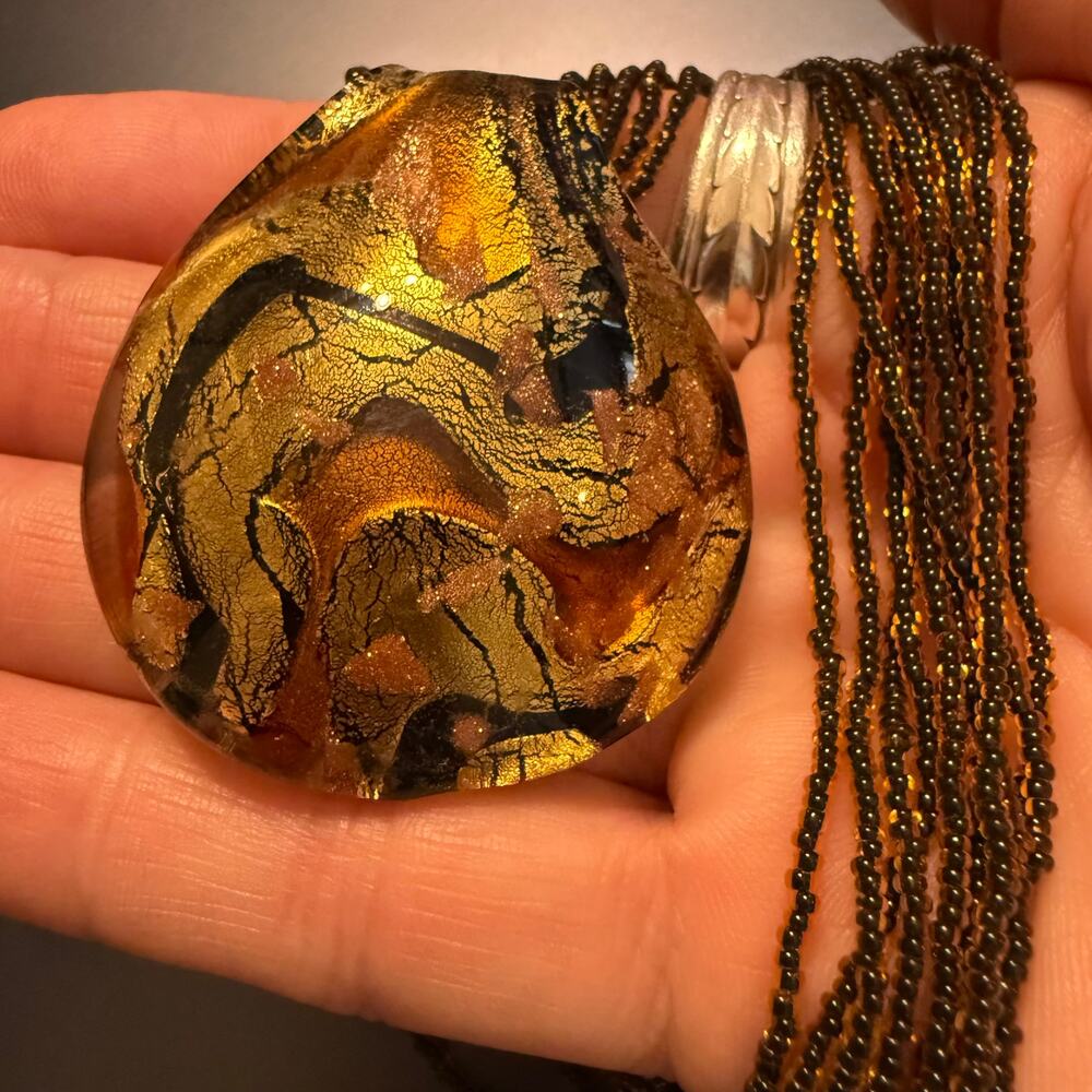🎉HP!🎉Authentic Murano Stamped Gold Black Amber Glass Pendant - Picture 6 of 8